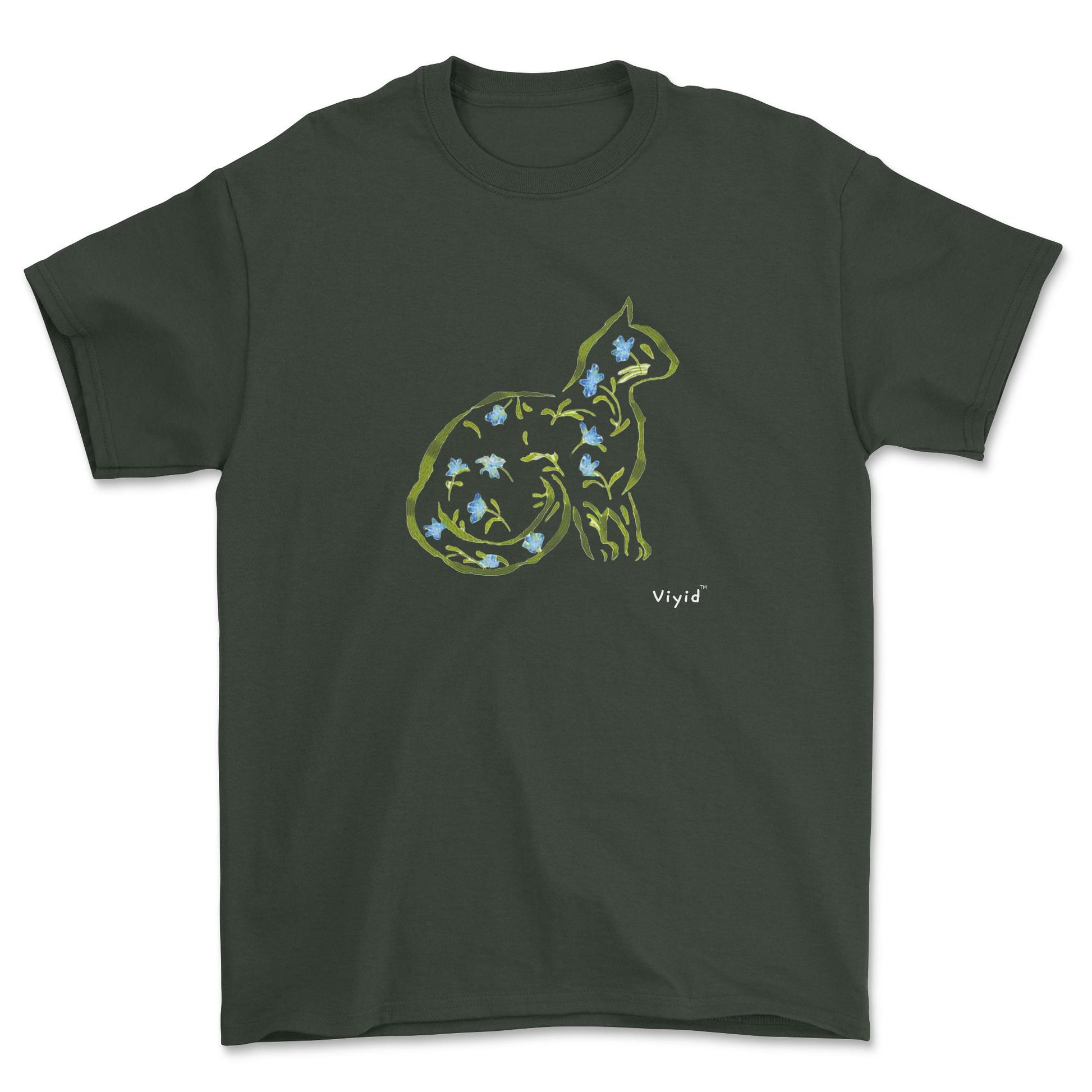 Cat silhouette with leaves and flowers youth t-shirt forest green.