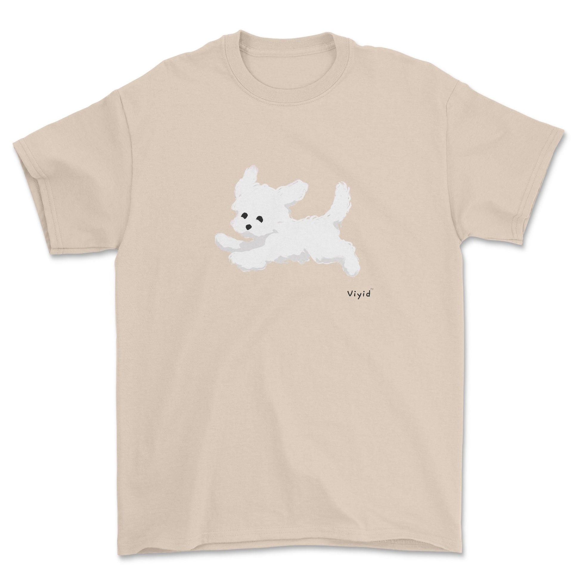 a running white Yorkie adult t-shirt sand