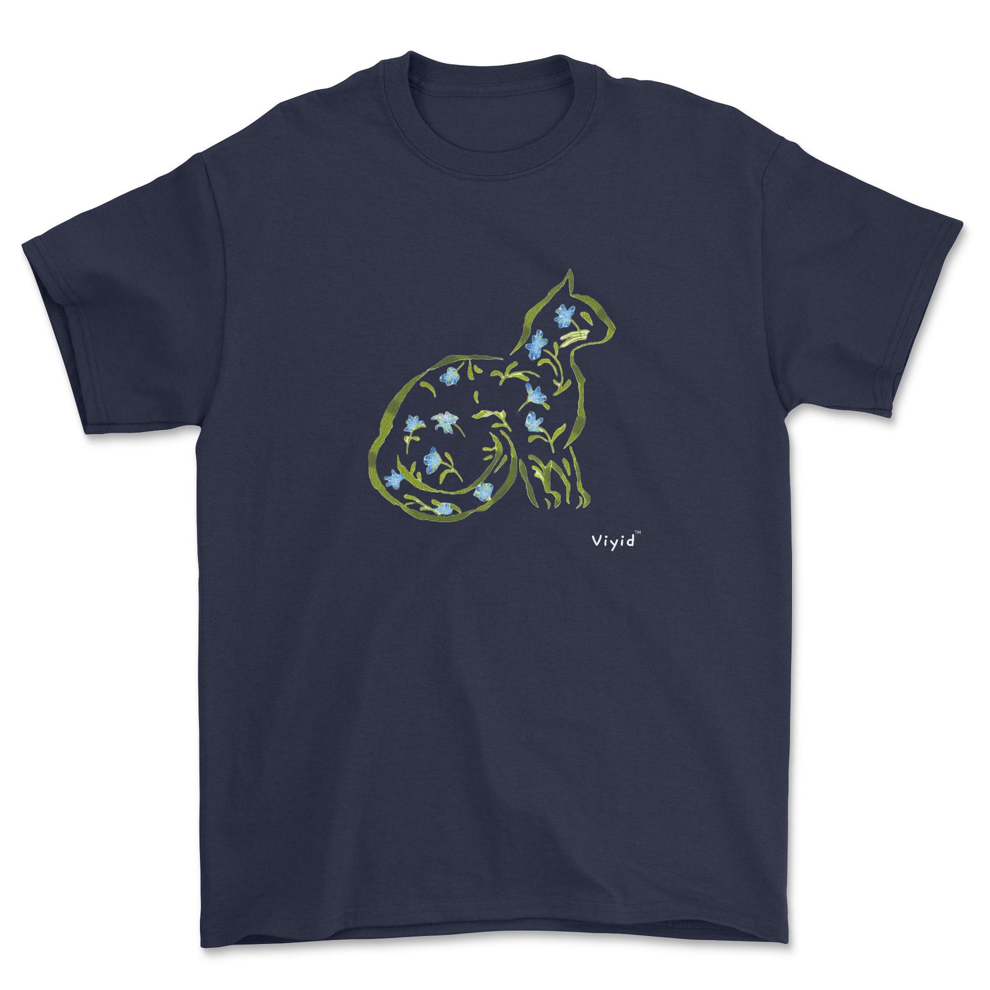 Cat silhouette with leaves and flowers adult t-shirt navy.