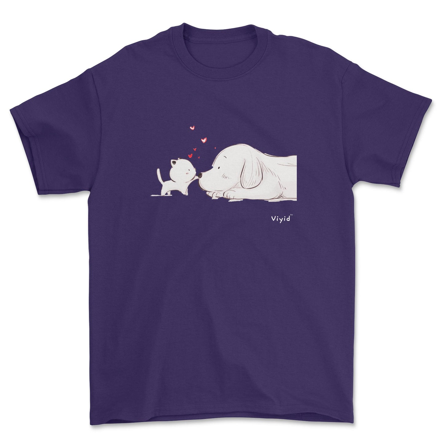 a kitty touching a puppy's nose signature youth t-shirt purple