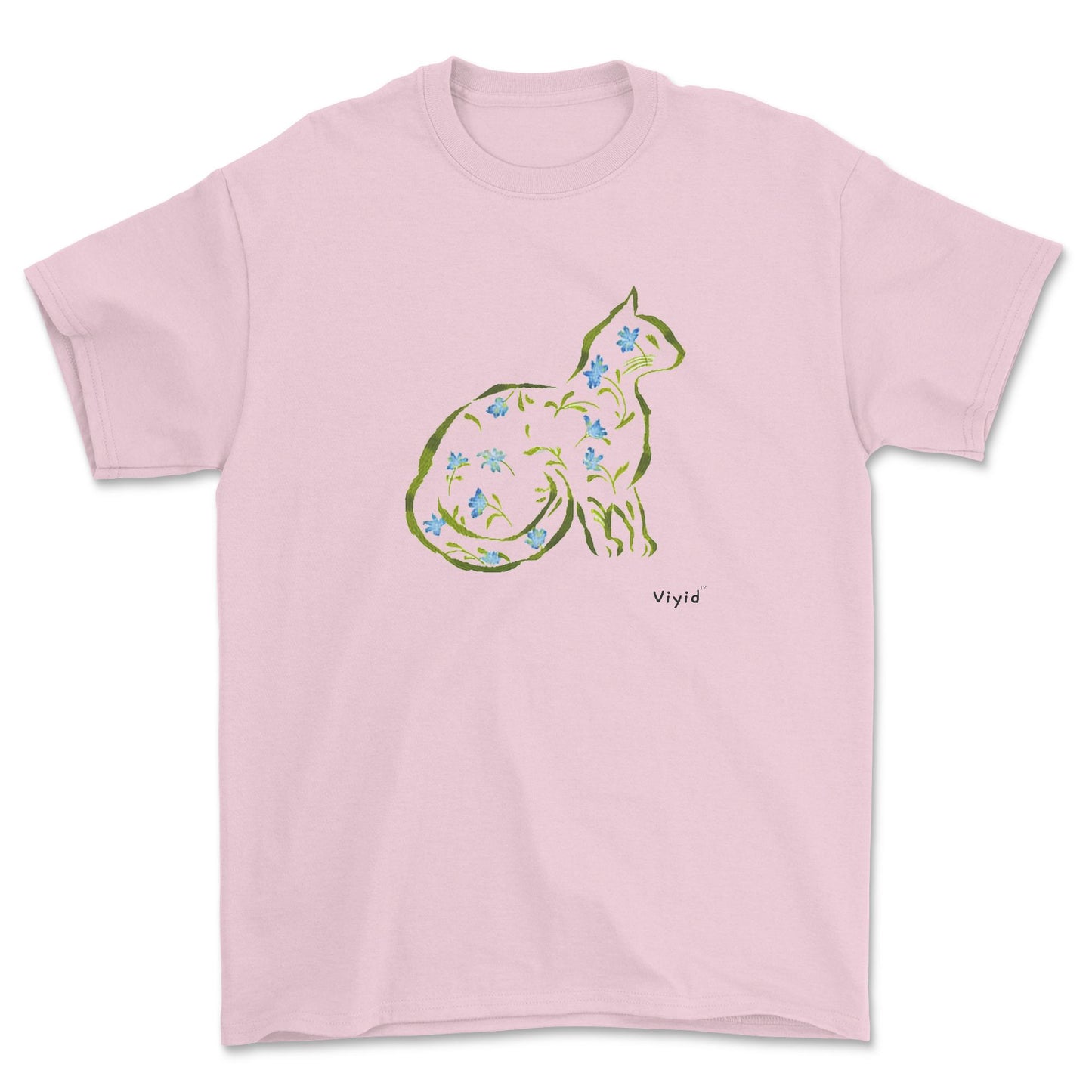 Cat silhouette with leaves and flowers youth t-shirt light pink.