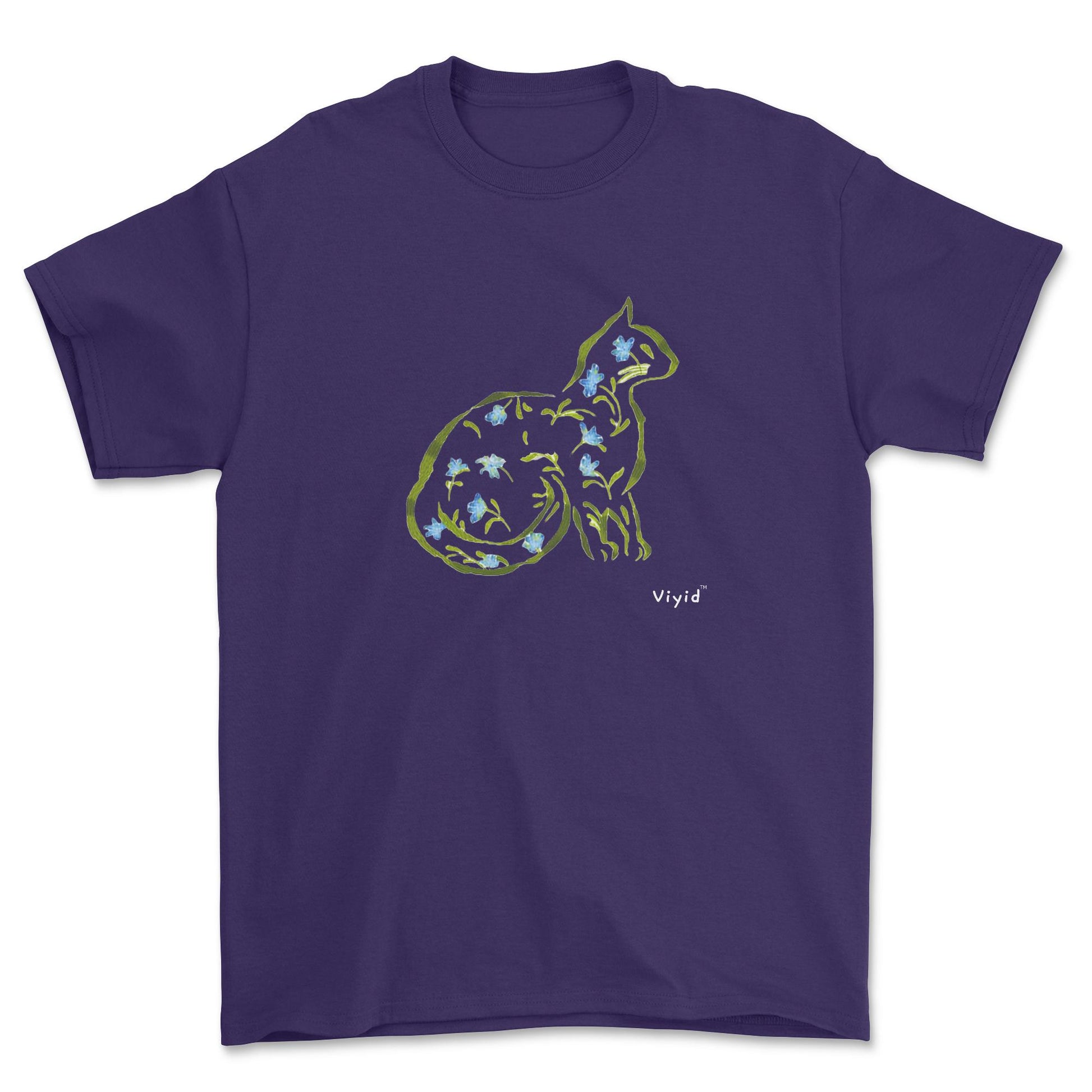 Cat silhouette with leaves and flowers adult t-shirt purple.