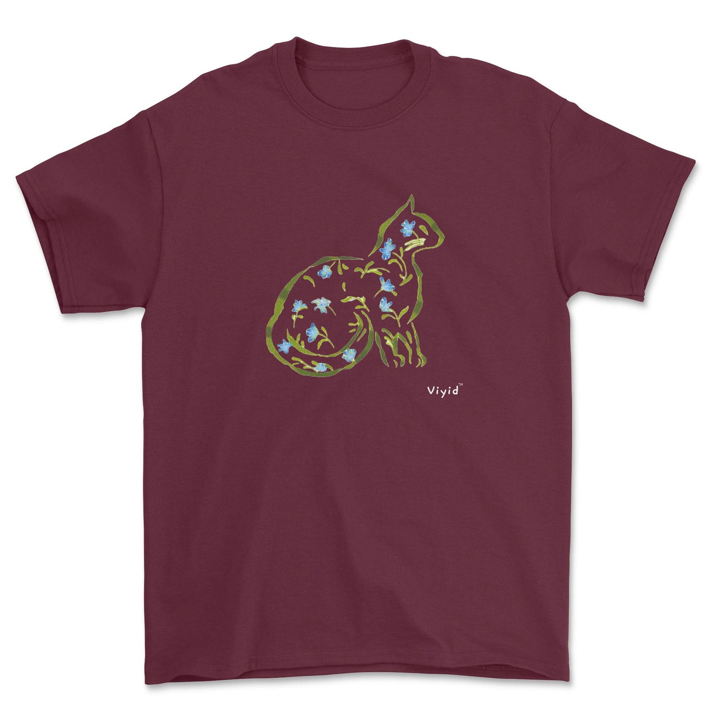 Cat silhouette with leaves and flowers youth t-shirt maroon.