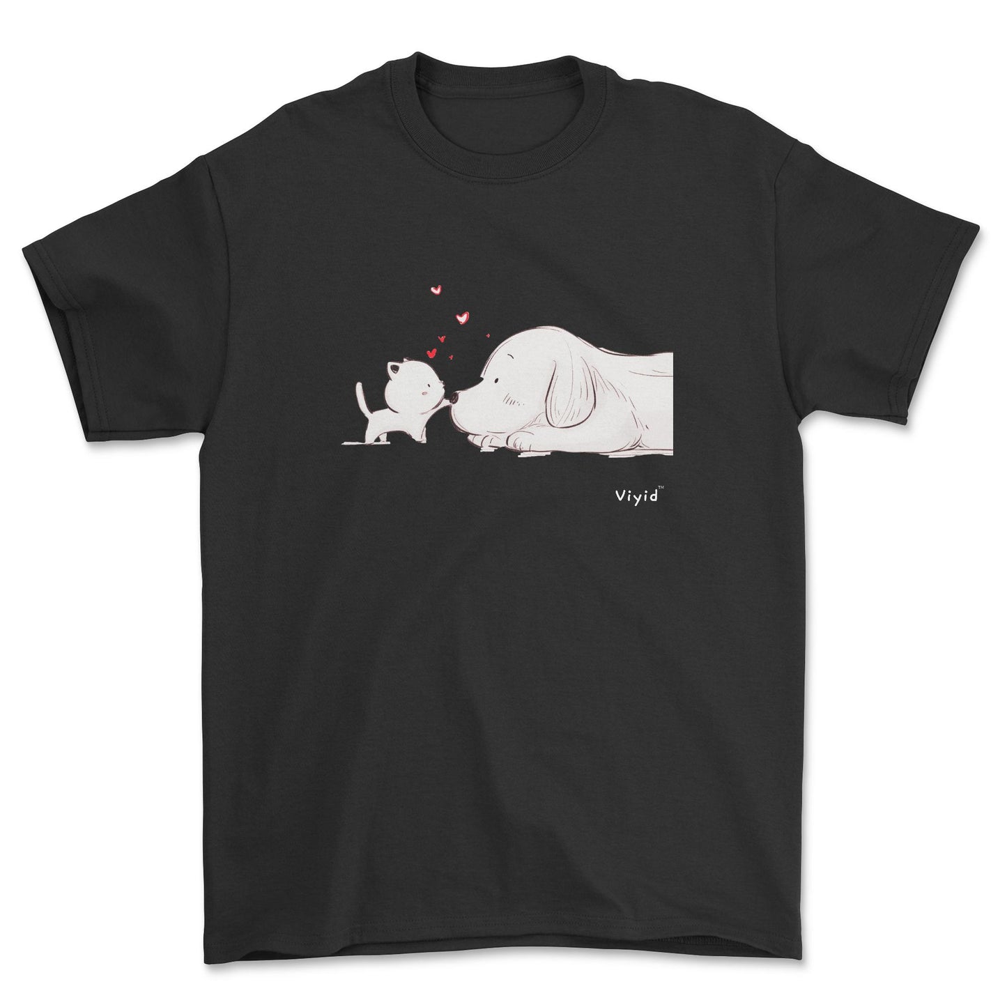 a kitty touching a puppy's nose designer adult t-shirt black