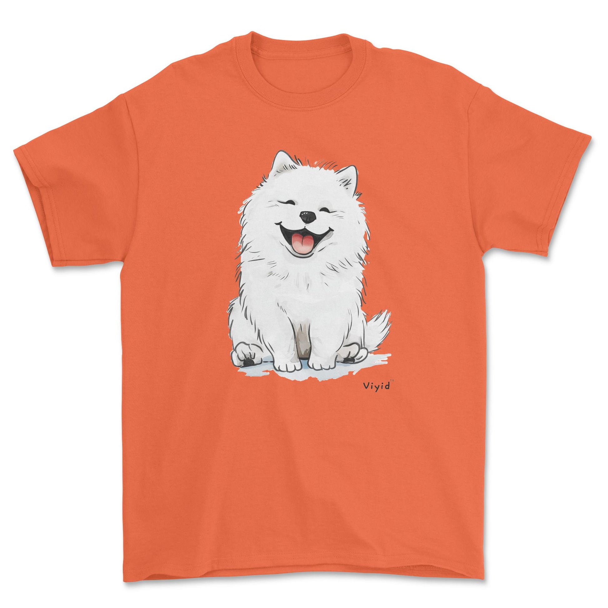 smiling samoyed dog adult t-shirt orange