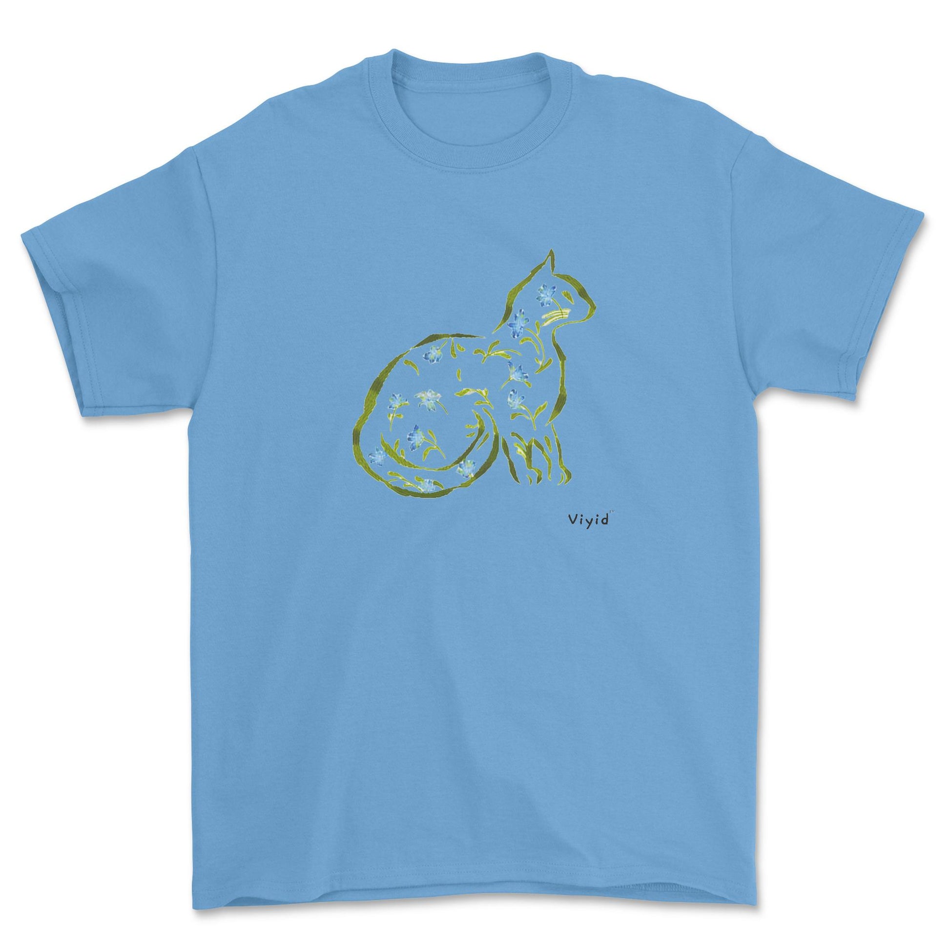 Cat silhouette with leaves and flowers adult t-shirt carolina blue.