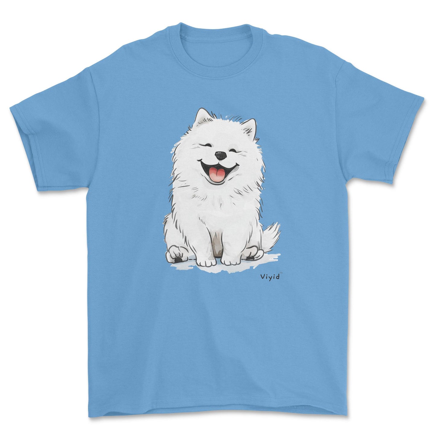 smiling samoyed dog youth t-shirt carolina blue