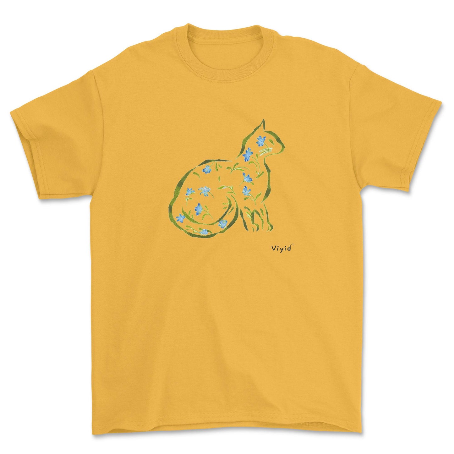 Cat silhouette with leaves and flowers adult t-shirt gold.