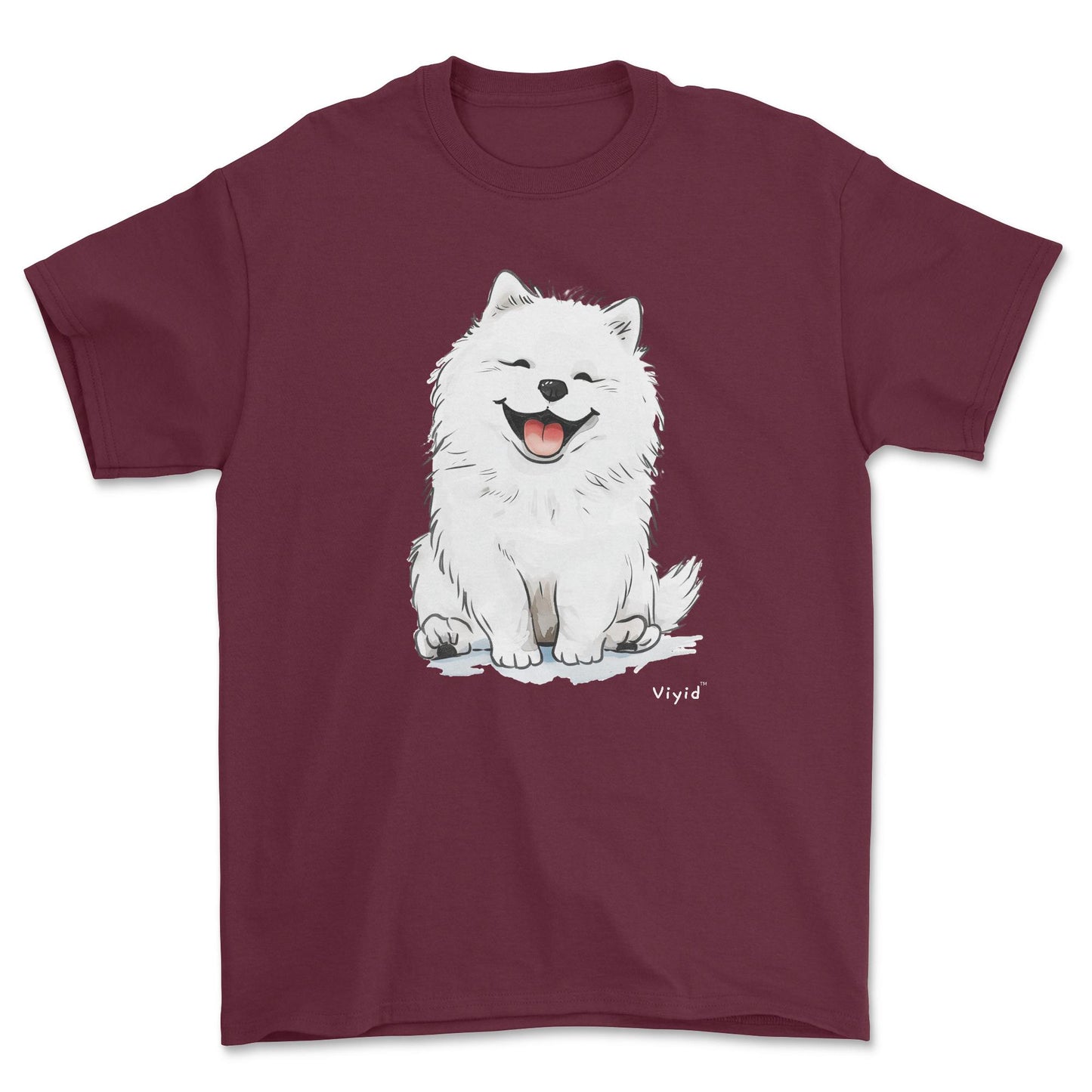 smiling samoyed dog adult t-shirt maroon