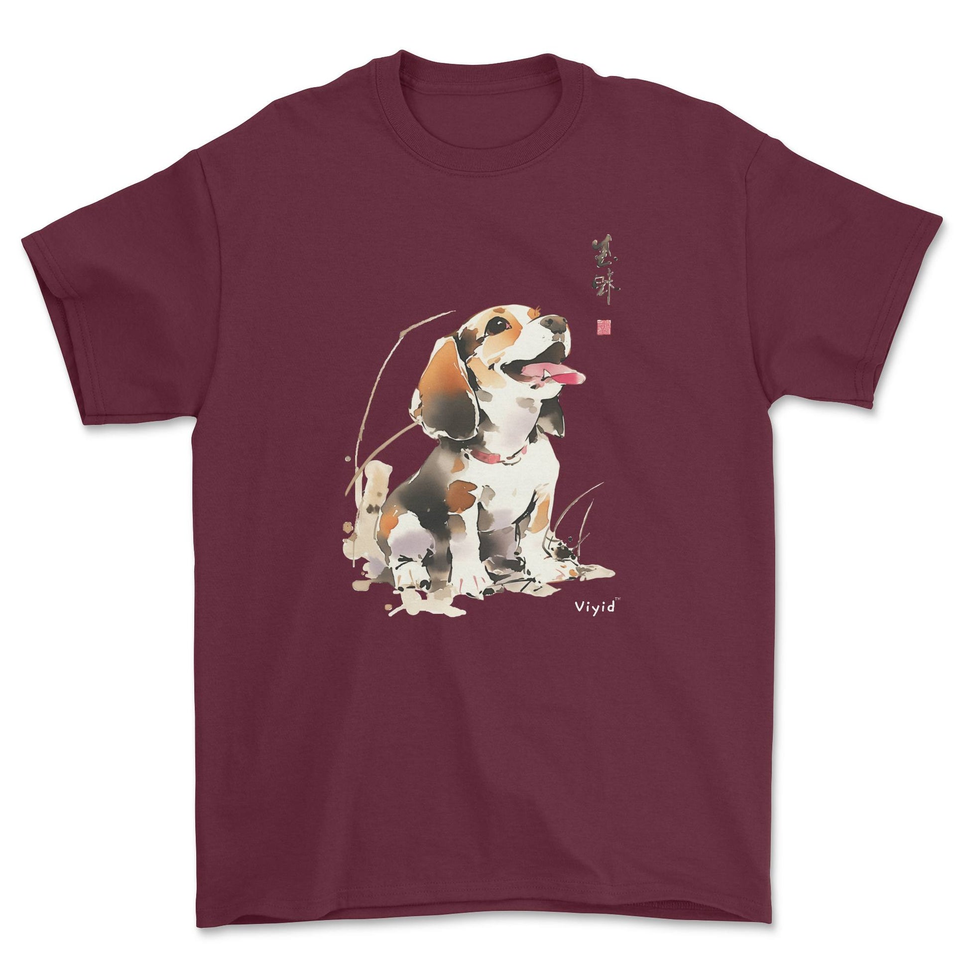 a cute beagle Chinese painting style adult t-shirt maroon