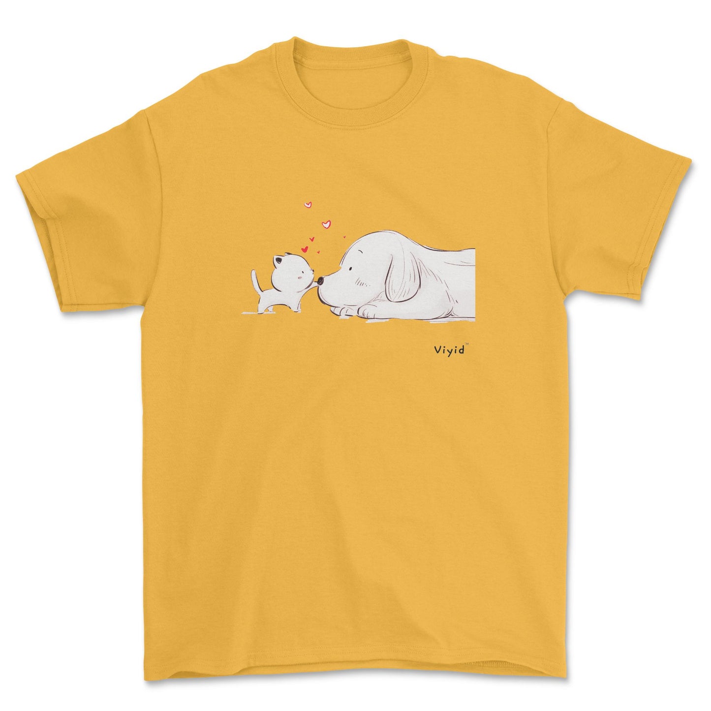 a kitty touching a puppy's nose designer adult t-shirt gold