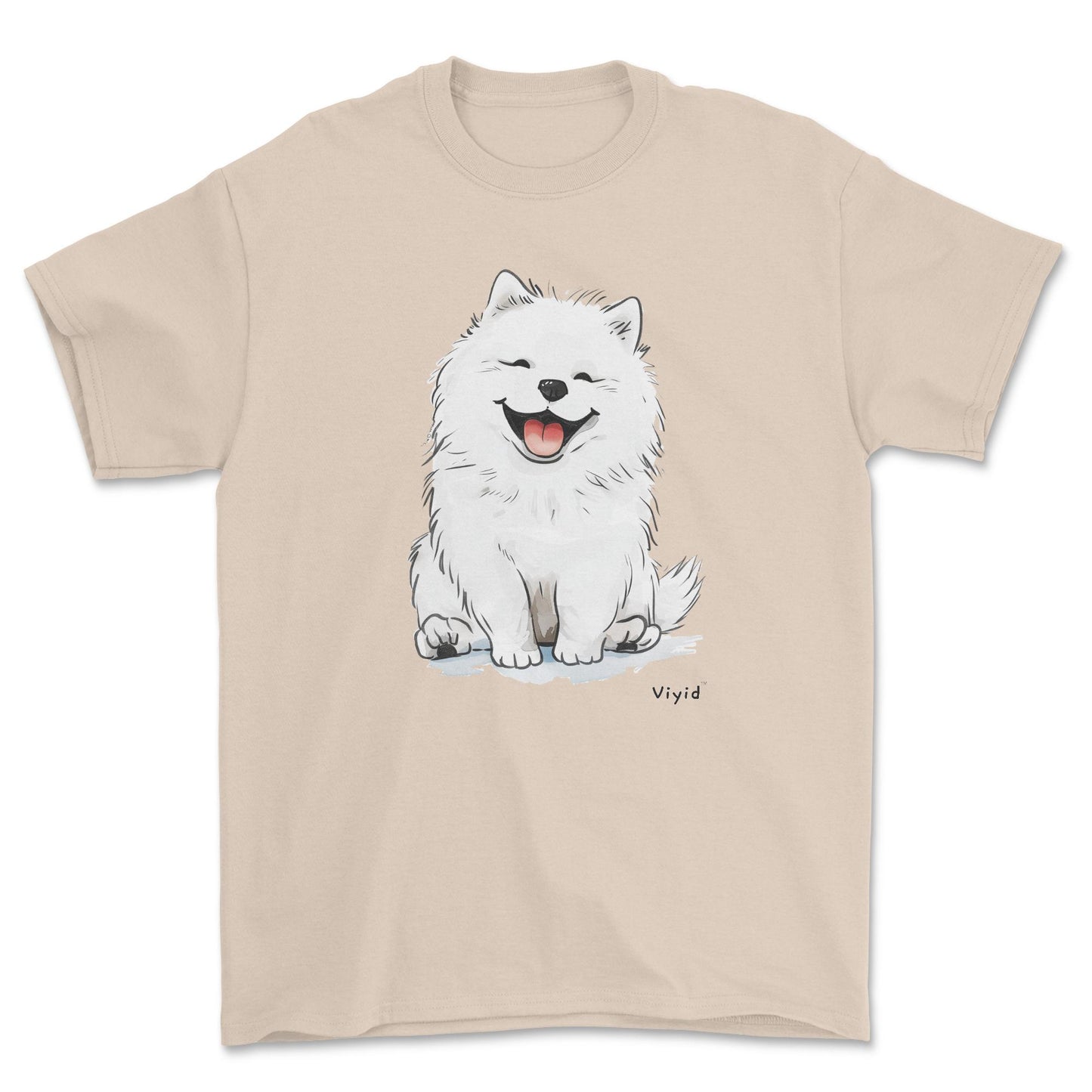 smiling samoyed dog adult t-shirt sand