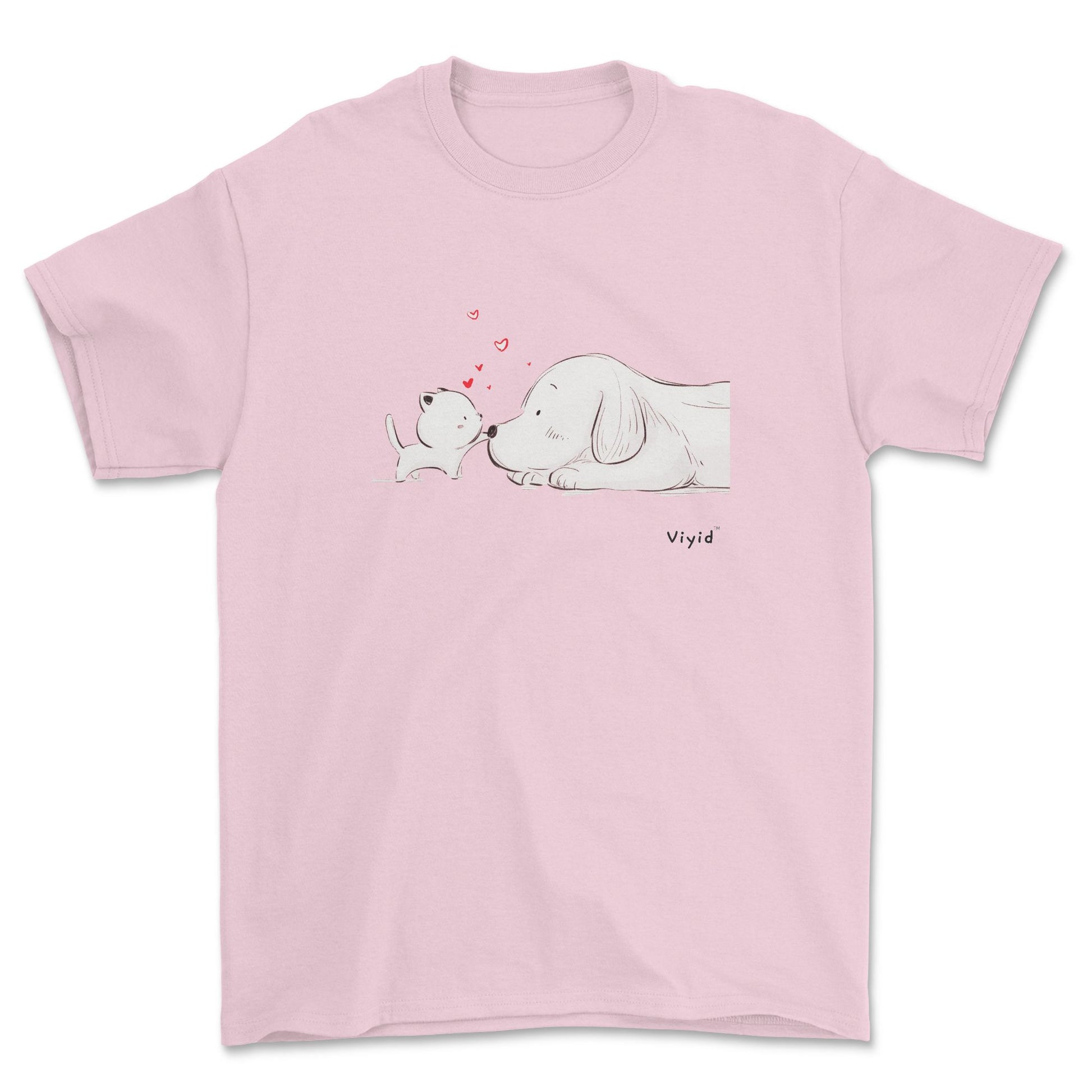 a kitty touching a puppy's nose signature youth t-shirt light pink