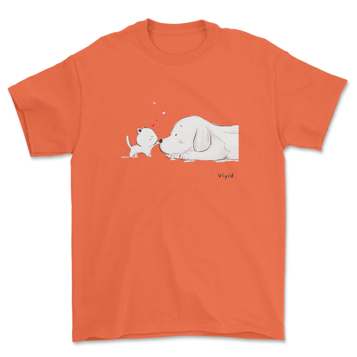 a kitty touching a puppy's nose designer adult t-shirt orange