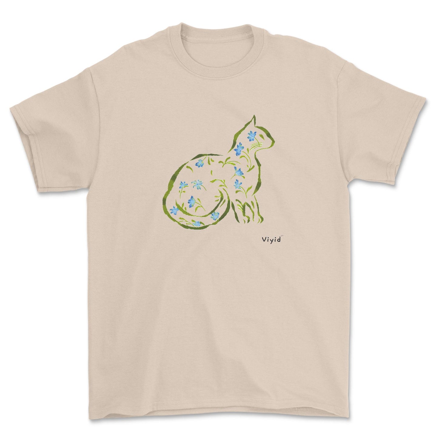 Cat silhouette with leaves and flowers adult t-shirt sand.