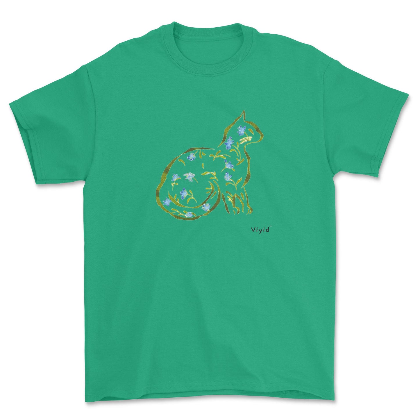 Cat silhouette with leaves and flowers youth t-shirt irish green.