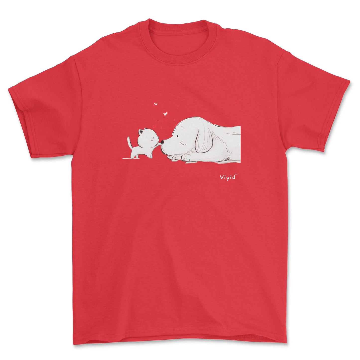 a kitty touching a puppy's nose signature youth t-shirt red