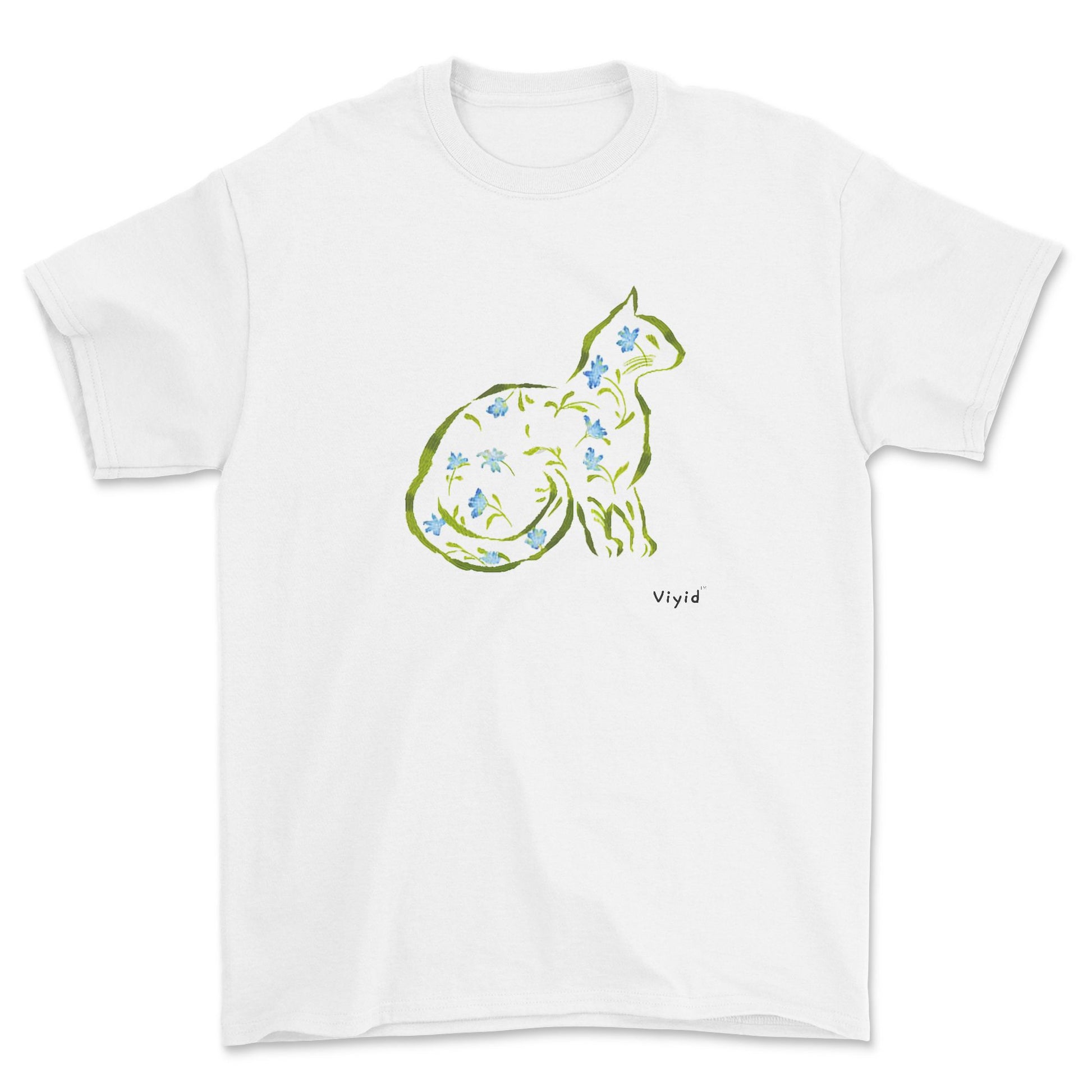 Cat silhouette with leaves and flowers adult t-shirt white.