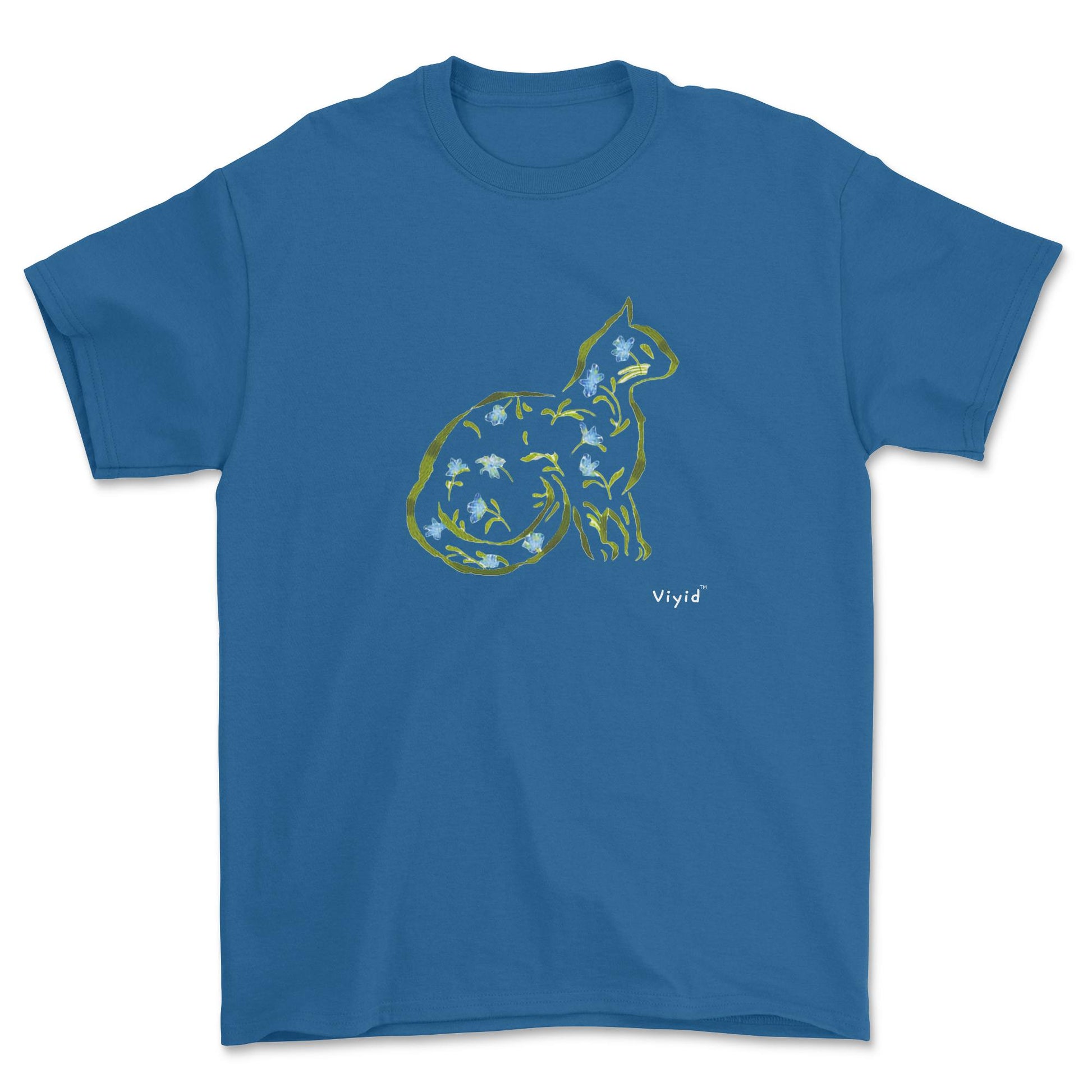 Cat silhouette with leaves and flowers adult t-shirt royal.