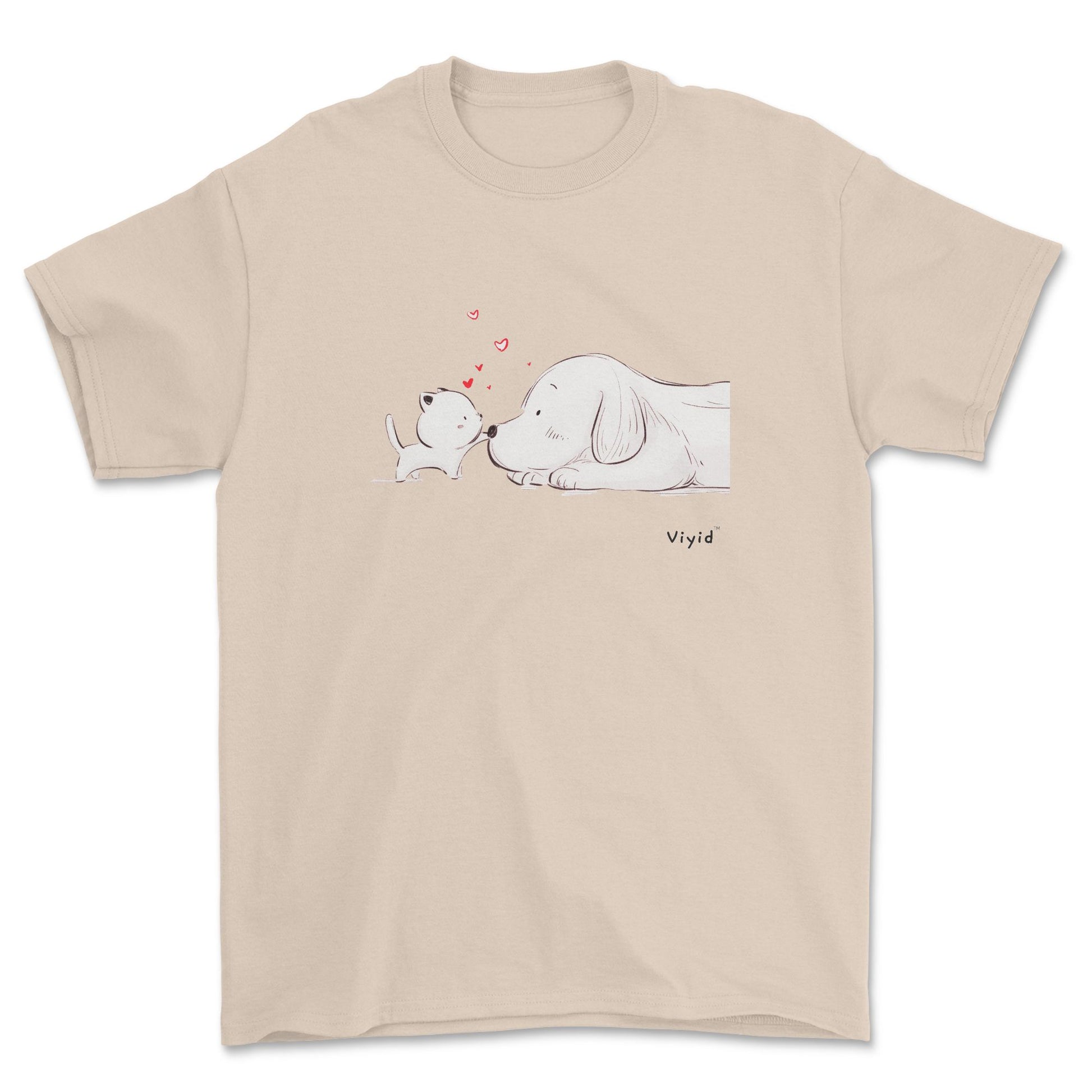 a kitty touching a puppy's nose designer adult t-shirt sand