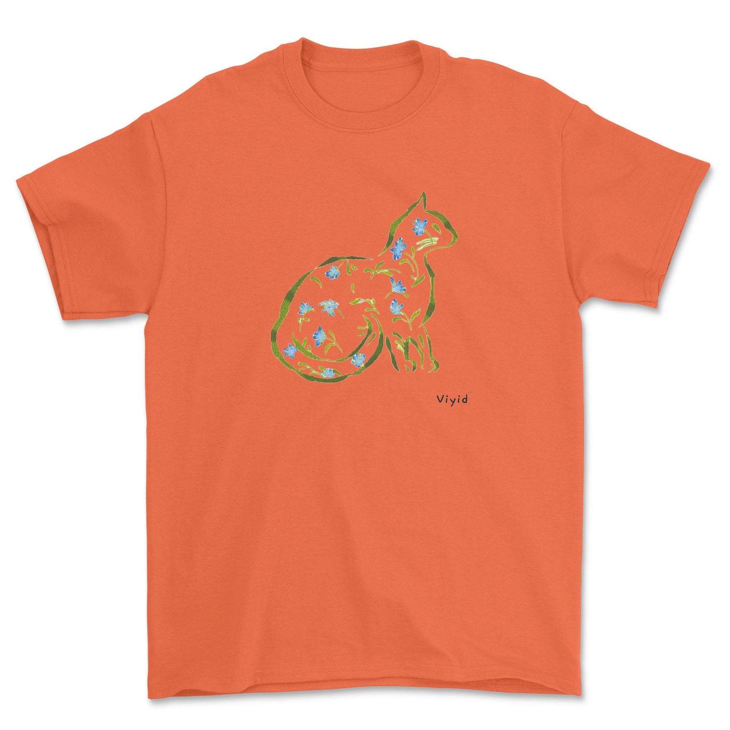 Cat silhouette with leaves and flowers adult t-shirt orange.