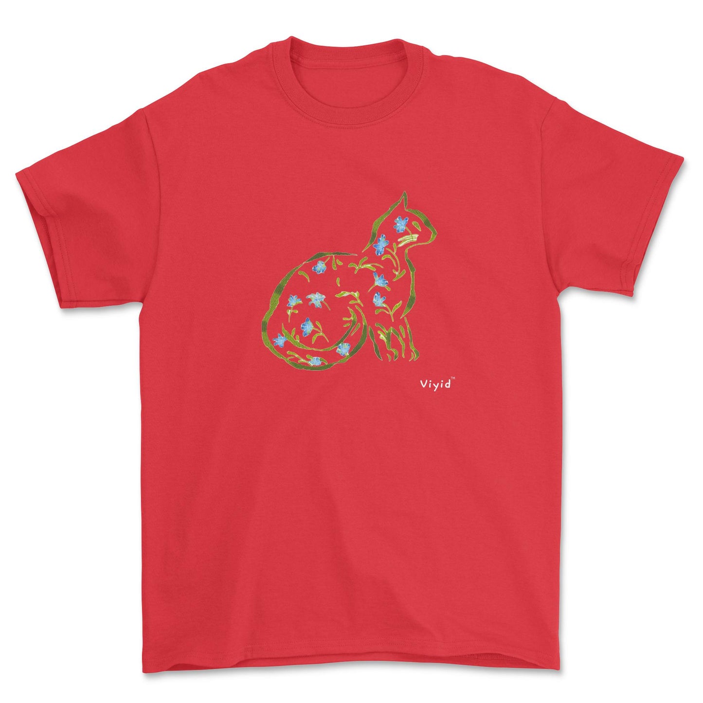  Cat silhouette with leaves and flowers adult t-shirt red.