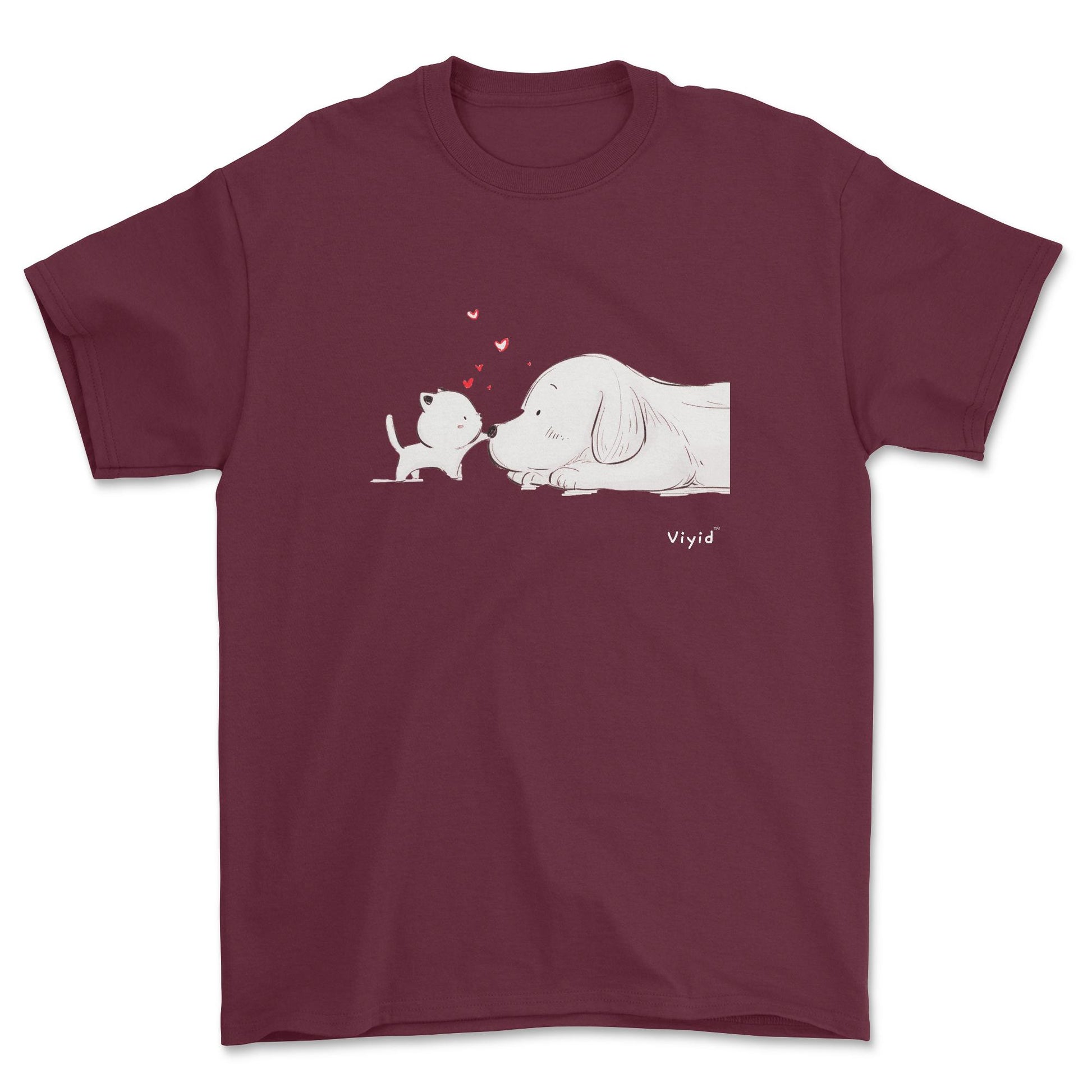 a kitty touching a puppy's nose designer adult t-shirt maroon