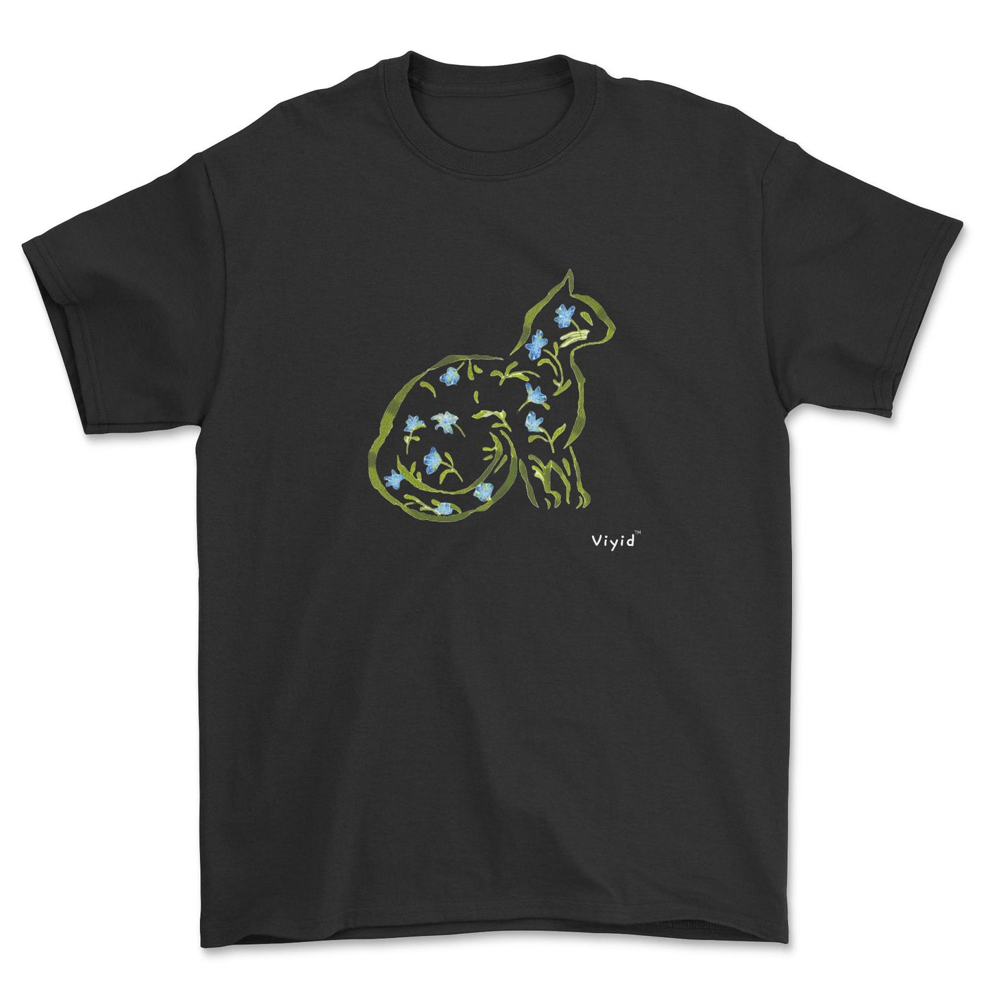 Cat silhouette with leaves and flowers adult t-shirt black