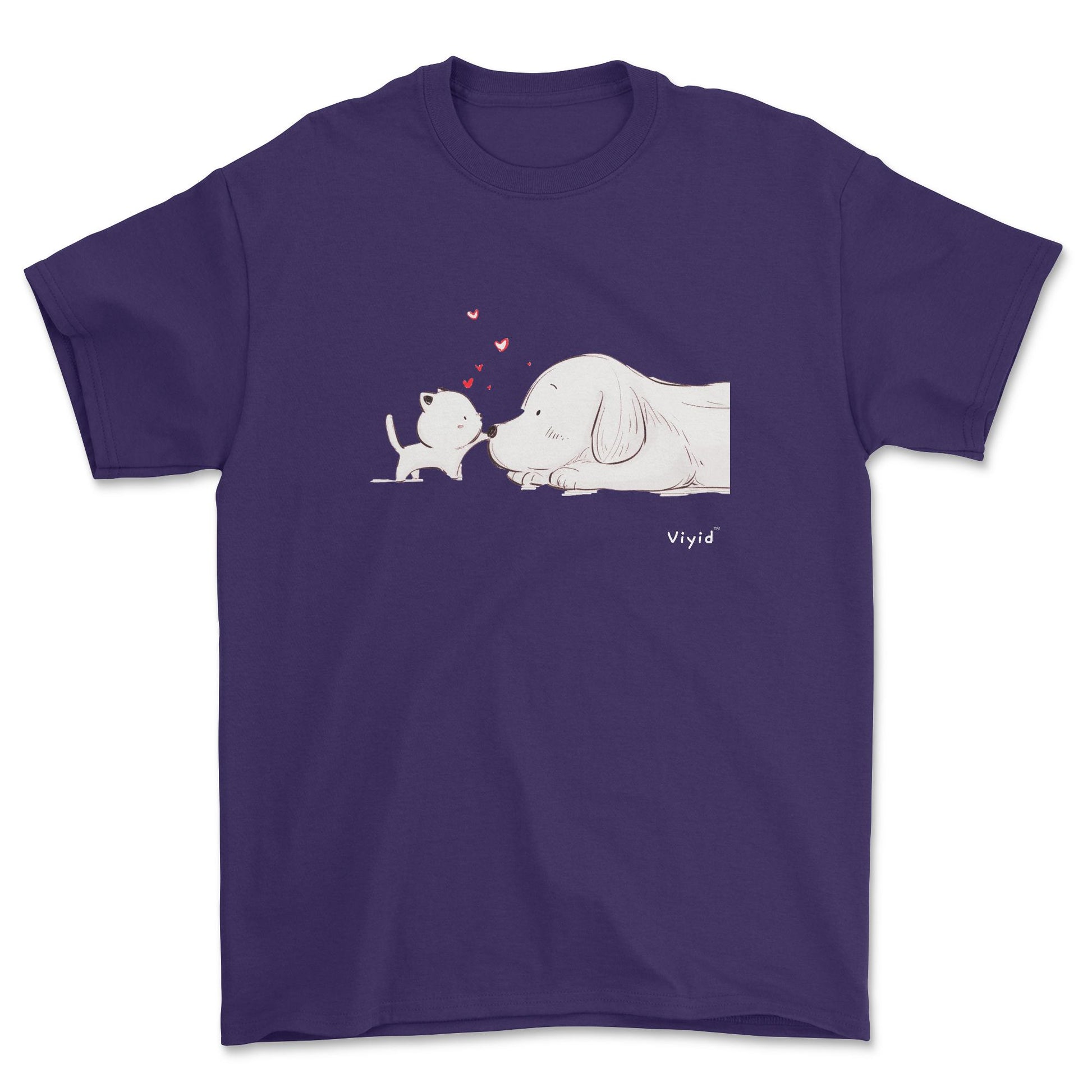 a kitty touching a puppy's nose designer adult t-shirt purple